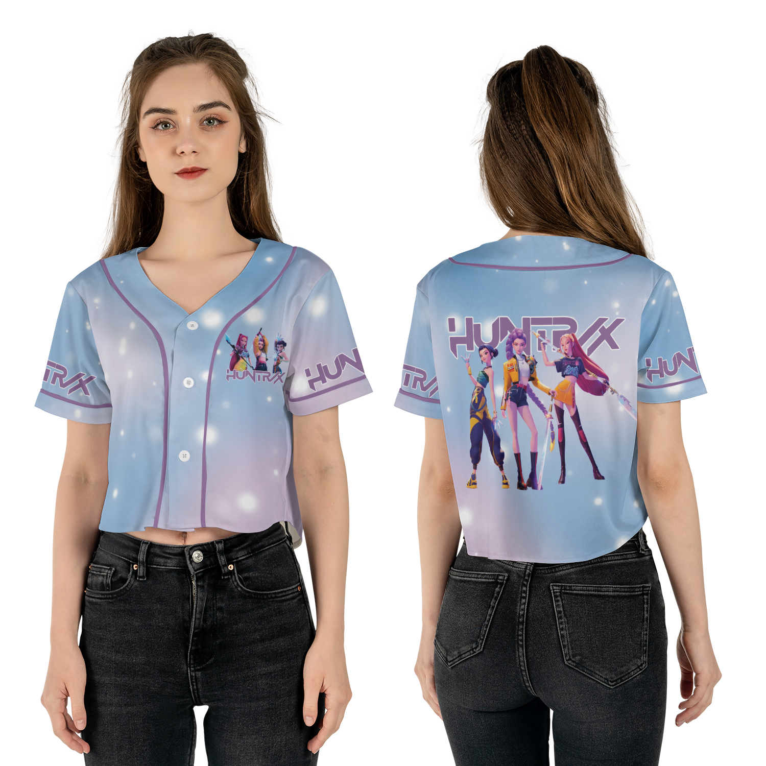 Huntrix Girls Kpop Demon Hunters Croptop Baseball Jersey, Kpop Demon Hunters Merch